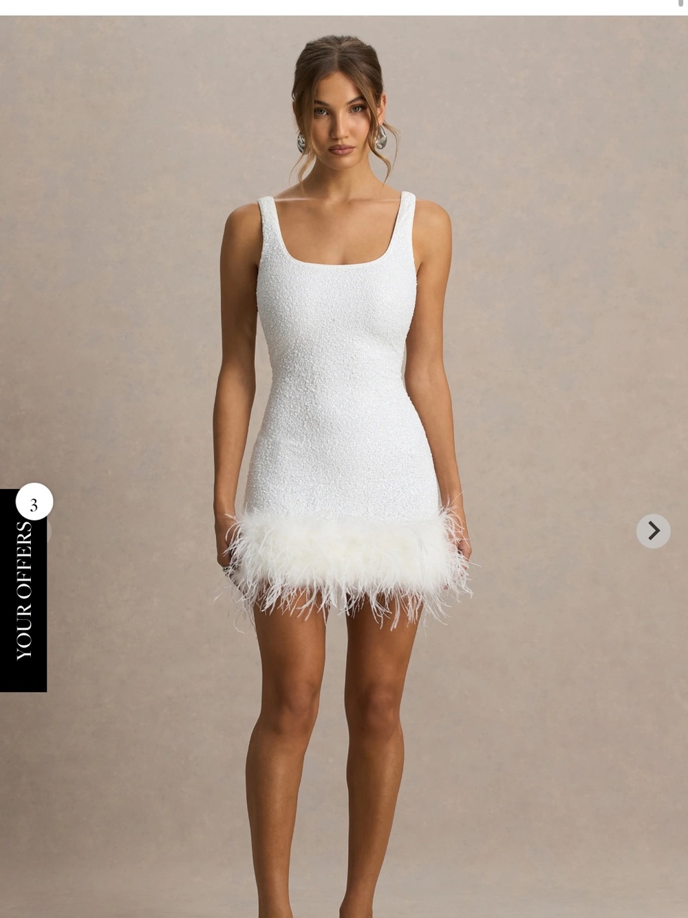 Club L London White Feather-Trim Square Neck Mini Dress